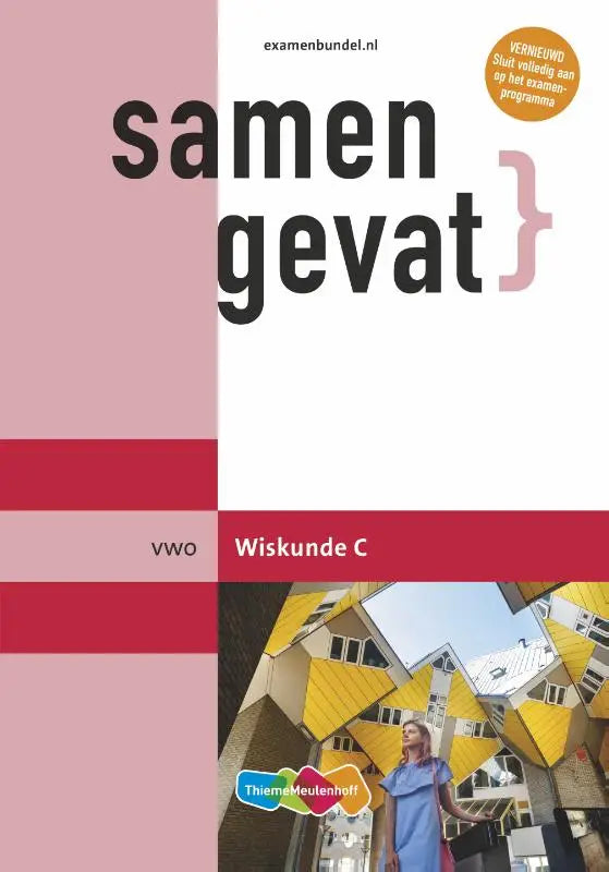Cover van samengevat vwo wiskunde c examenboek met zwarte tekst op roze en wit en vrouw voor gele kubusgebouwen