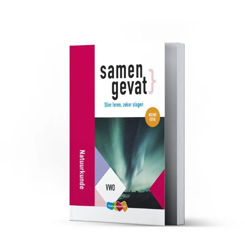 Een vibrante roze en witte samengevat vwo natuurkunde leerboek met aurora borealis op de omslag voor nieuwe editie