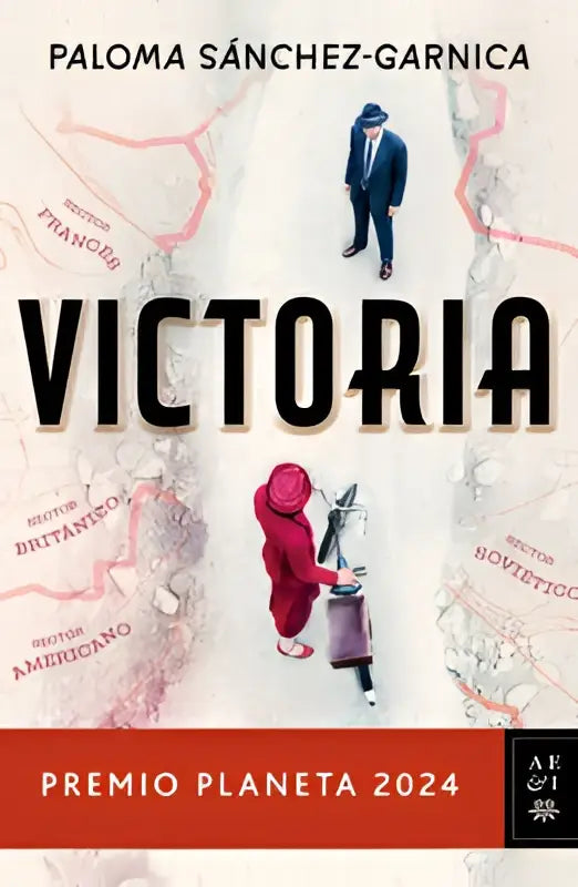 De boekcover van victoria door sánchez-garnica toont twee figuren en een kaart met namen en het premio planeta logo