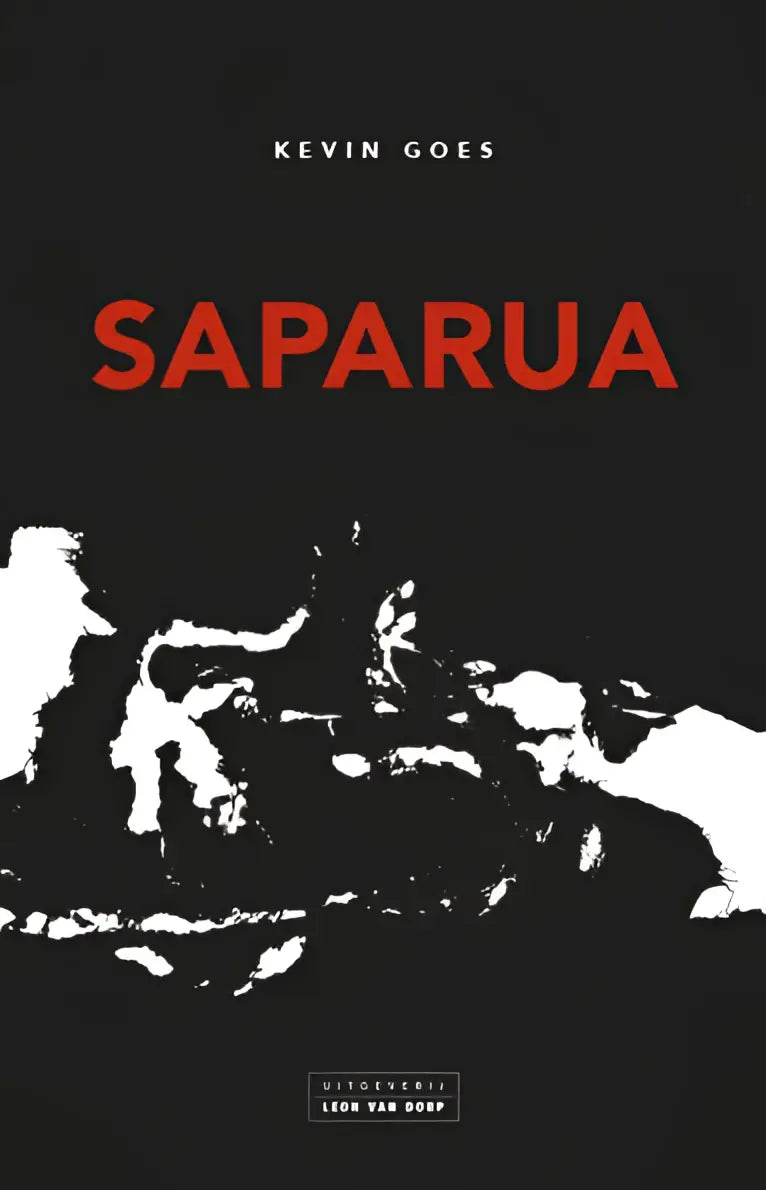 Abstract zwart-wit illustratie boekomslag met gedurfde rode titel saparua door kevin goes voor het boek saparua