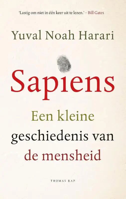 Rode en zwarte hardcover boek sapiens a brief history of humankind door yuval noah harari gepubliceerd door thomas rap