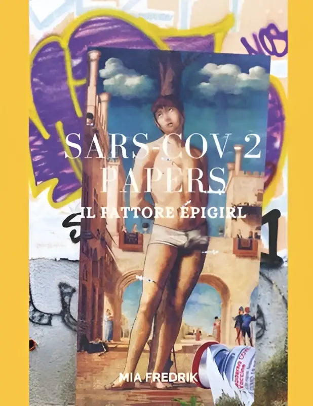 De boekcover van sars-cov-2 papers met een vrouw in witte korte broek en de titel en auteur mia fredrik zichtbaar