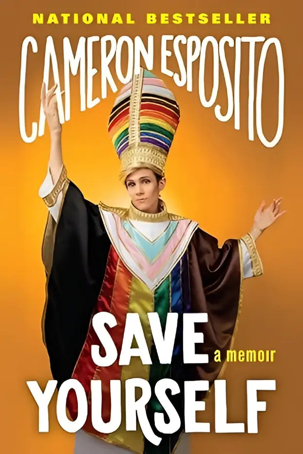 De cover van Save yourself toont een kleurrijke regenboog gestreepte ceremoniële hoofdbedekking gedragen door Cameron Esposito