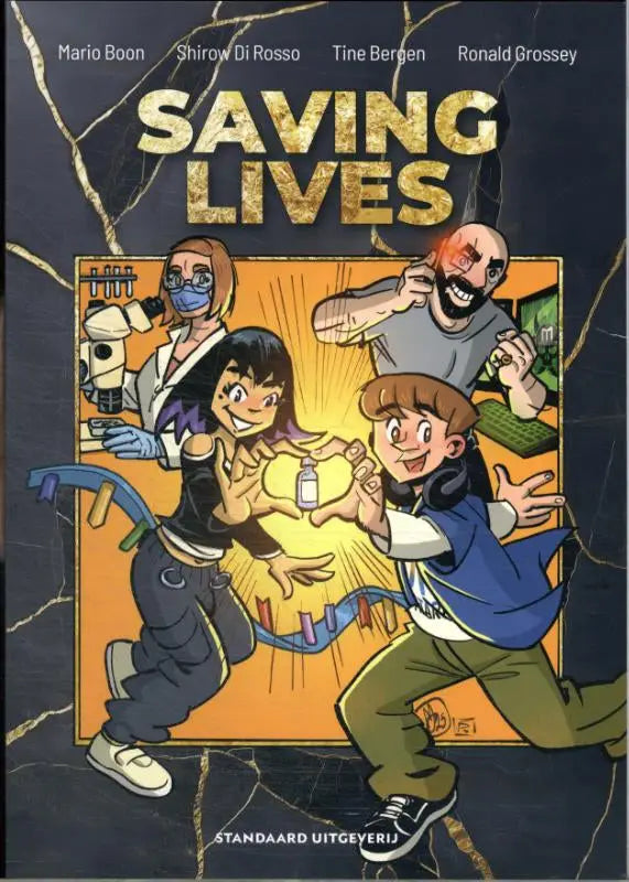 The cover of the saving lives comic book by mario boon shows four characters around a glowing vial in vibrant colors