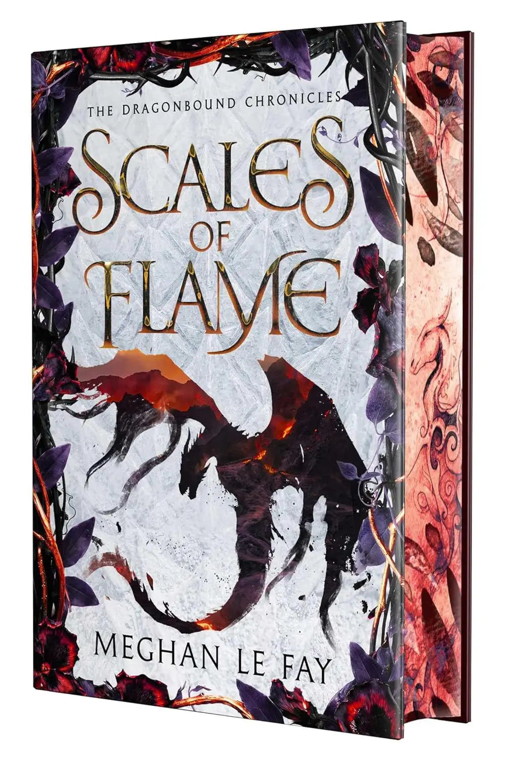 The book scales of flame by meghan le fay features a dragon with fiery orange and black scales and purple leaves background