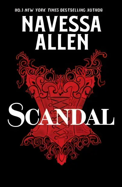 Rode sierlijke hartvormige ontwerp op zwarte boekomslag van Scandal de steamy historical romance van Navessa Allen
