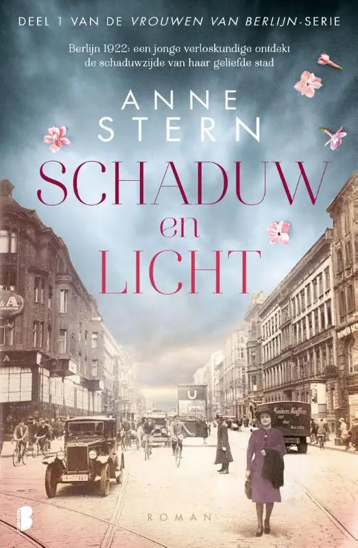 Boekcover met sepia straatbeeld van berlijn 1922 en de jonge verloskundige ontdekt de schaduwzijde van haar geliefde stad