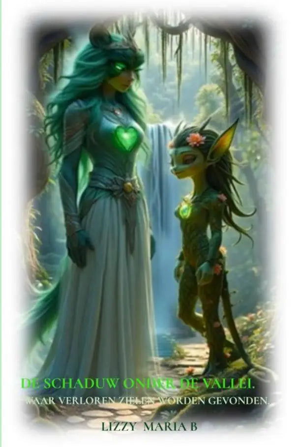 Fantasy boekcover van de schaduw onder de vallei met een teal elfenvrouw en kind in betoverd bos voor jonge lezers verloren zielen