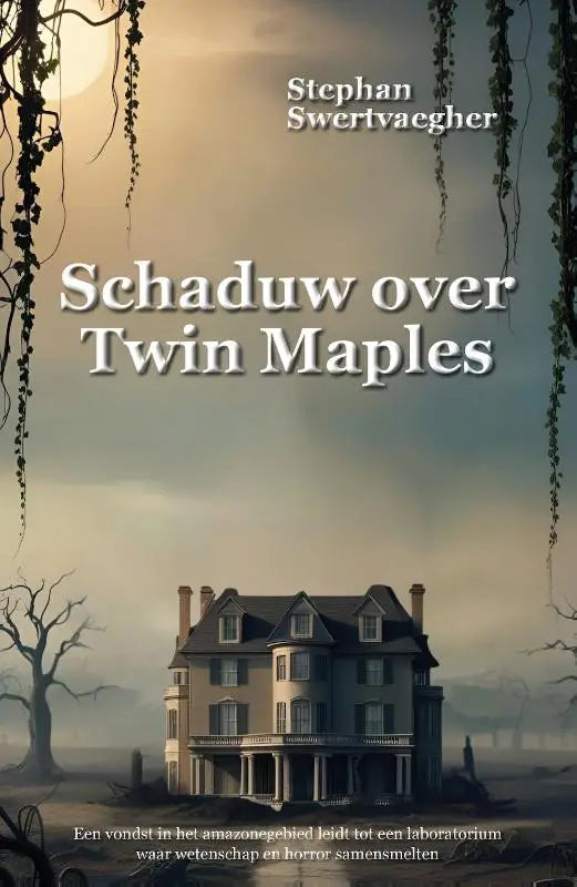 The book cover of schaduw over twin maples shows a gothic mansion with dark gray and beige stone walls under a misty sky