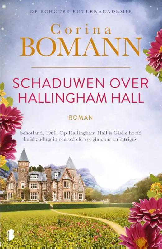 De boekcover toont hallingham hall, een stenen manor met torentjes, met hoofd huishouding gisèle te midden van intriges