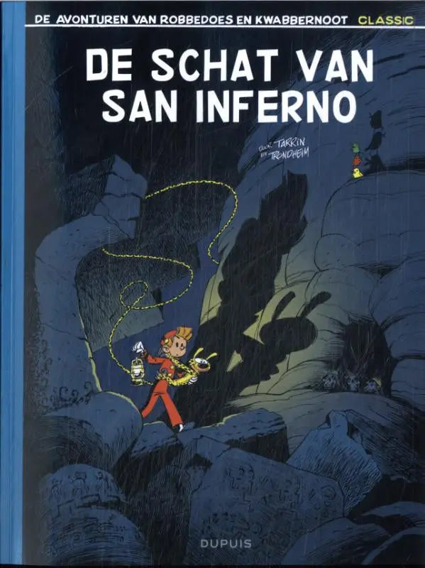 De cover van de strip de schat van san inferno door lewis trondheim toont een levendige illustratie in blauw en zwart