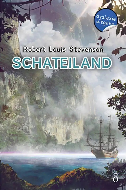 Schateiland boekcover met dramatische illustratie van een zeilschip tussen mistige hoge kliffen onder bewolkte lucht