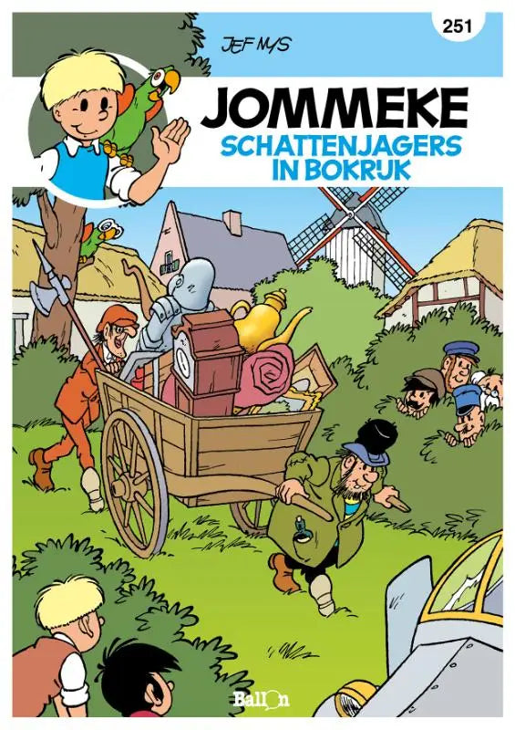 De cover van de jommeke strip schattenjagers in bokrijk door jef nys met kleurrijke en speelse illustraties