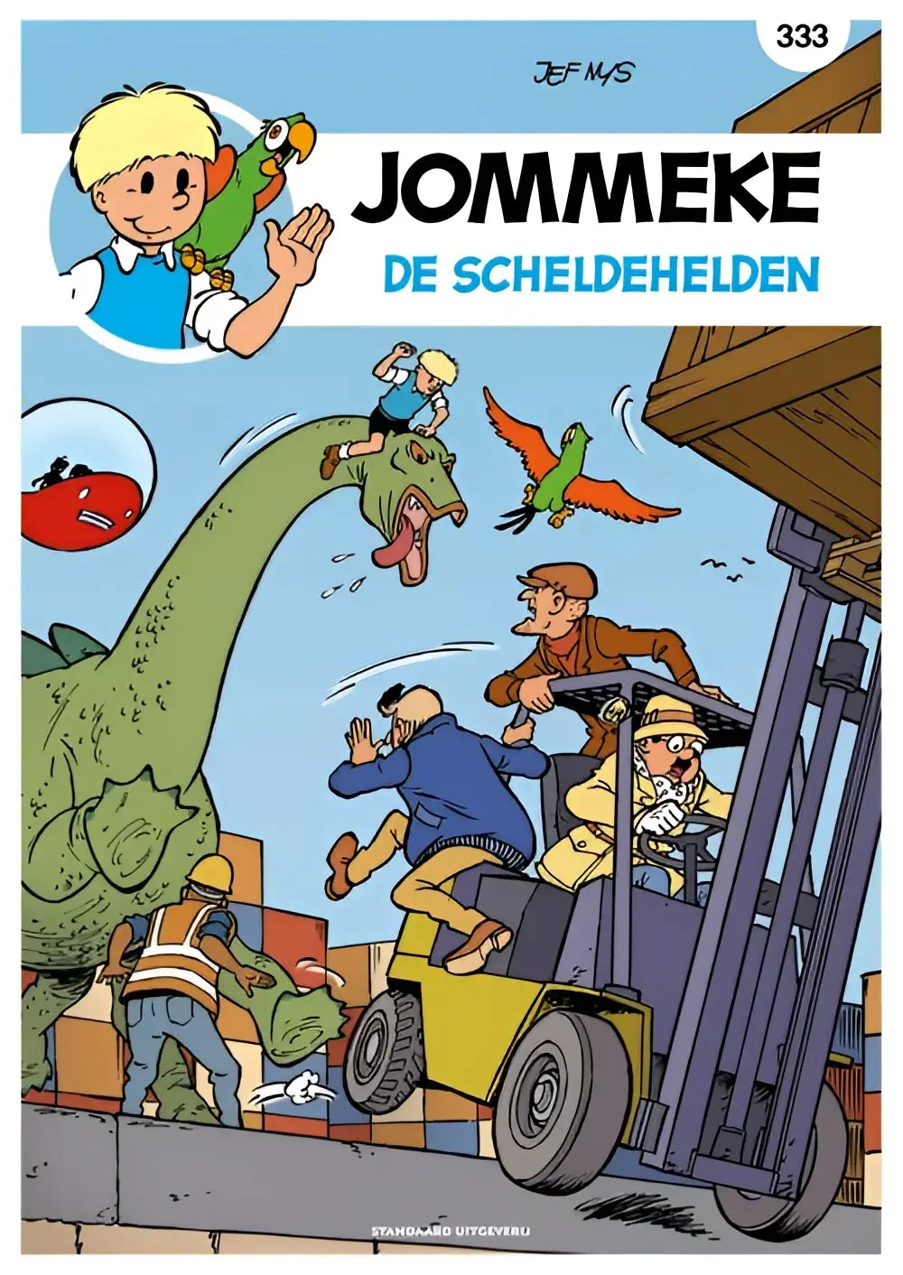 De cover van de comic jommeke de scheldehelden met een groene dinosaurus en jongen op de rug