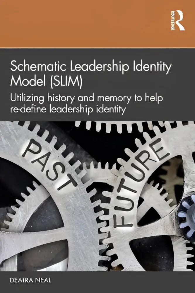 The book cover of schematic leadership identity model features an industrial metallic design with interlocking gears engraved with past and future on an orange background