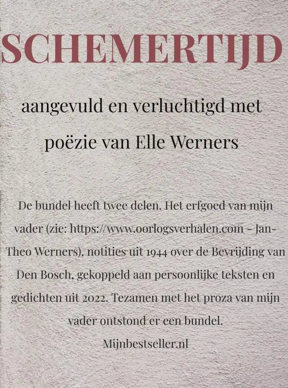 Boekcover van schemertijd met titel in vet roodbruin schreeflettertype bovenaan voor literaire publicatie