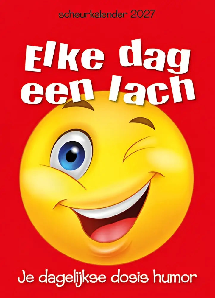 Scheurkalender 2027 met een vrolijk geel emoji gezicht dat knipoogt en een dagelijkse dosis humor biedt