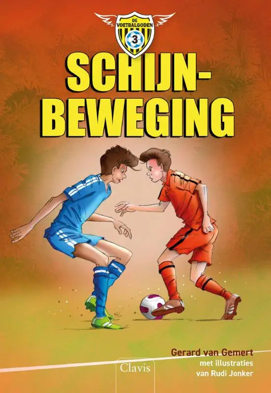 De cover van het nederlandse kinderboek schijnbeweging toont twee spelers in blauw en oranje die een voetbal bestrijden