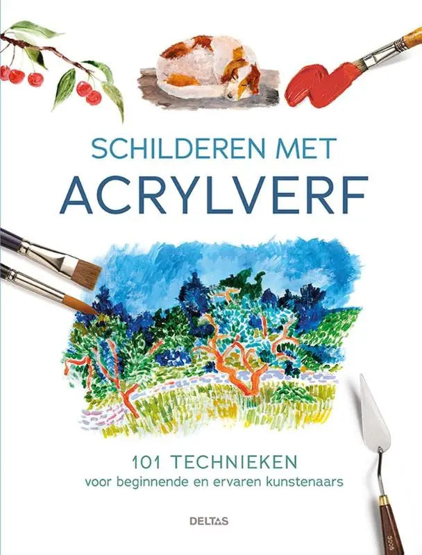 Acrylverf schilderboek voor beginnende en ervaren kunstenaars met aquarelillustraties van penselen, hond en bomen