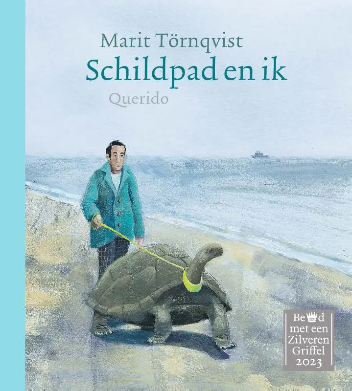 Groenblauw omslag van het boek schildpad en ik met man in teal jas en grote schildpad voor jonge lezers