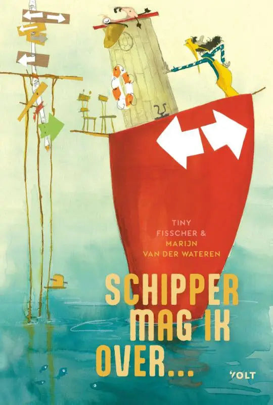 Rode tiny fisscher boot schipper met witte pijlen en speelse illustraties van figuren en reddingsboeien