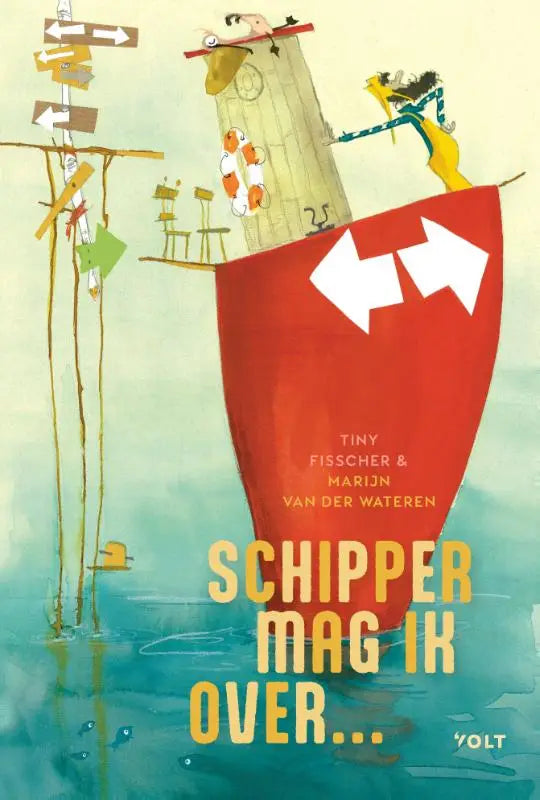 Rood schip met witte pijlen en een speelse illustratie van mensen en objecten voor jonge lezers in schipper mag ik over