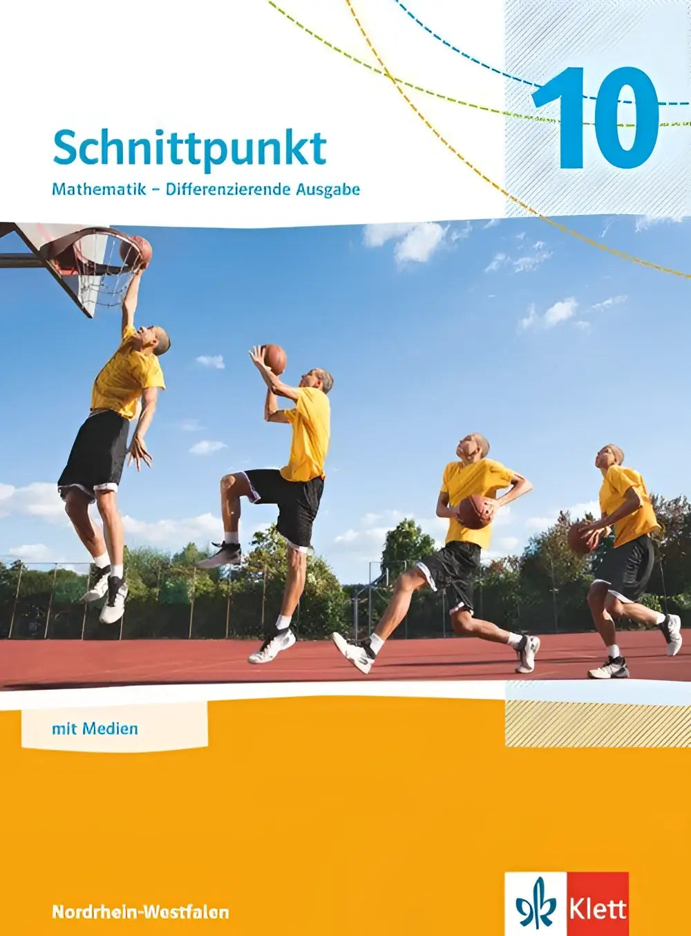 Cover van het schnittpunkt mathematik 10 schulbuch mit medien met gele basketballspelers tegen blauwe lucht