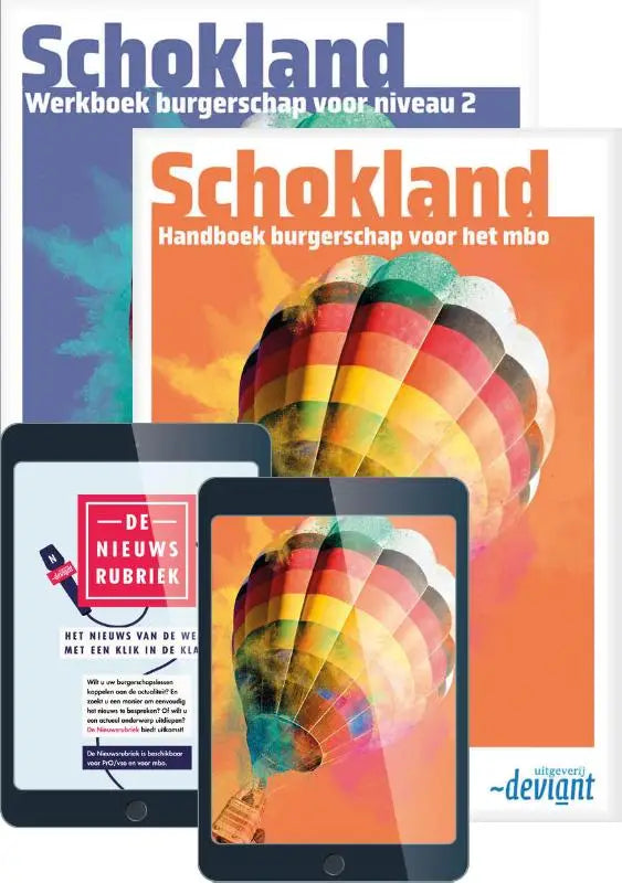 De afbeelding toont educatieve werkboeken schokland met kleurrijke ballonnen en tablets met digitale versies
