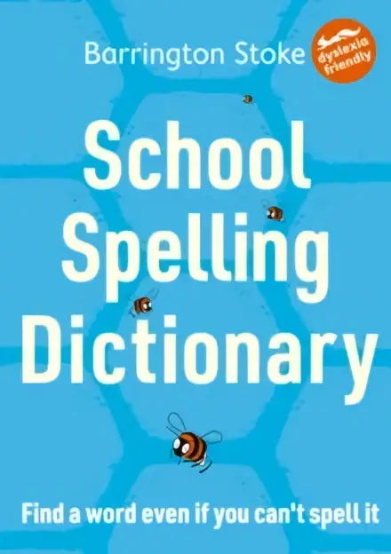 Blauwe school spellingwoordenboek met witte tekst en zwarte bijen dyslexievriendelijk ontworpen