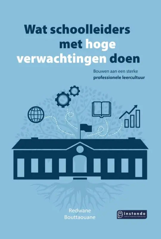 Blauwe boekomslag met schoolgebouwillustratie en iconen die sterke professionele leercultuur en hoge verwachtingen tonen