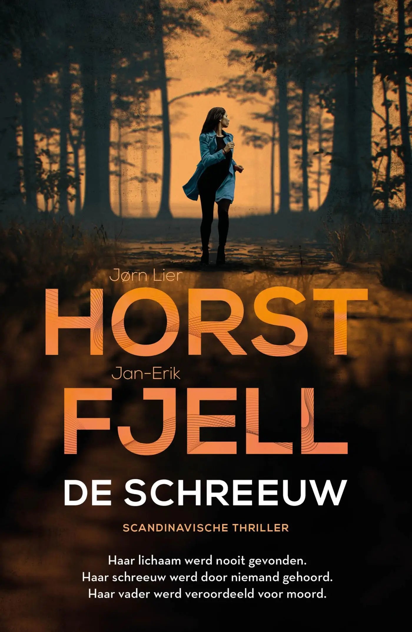 De schreeuw boekcover met gedurfde oranje en witte tekst over een schemerachtig bos, titel horst fjell centraal