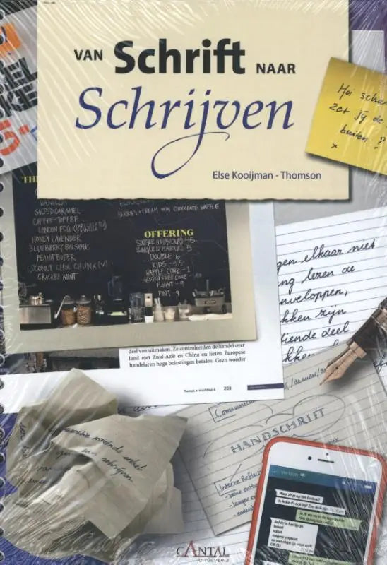 De boekomslag van van schrift naar schrijven toont de titel in zwarte cursieve en schreefletters met auteursnamen eronder