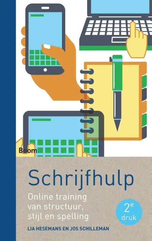 De cover van het schrifthulp online trainingsboek met blauwe rug en beige textuur en illustraties van apparaten door jos schilleman en lia hesemans uitgegeven door koninklijke boom uitgevers