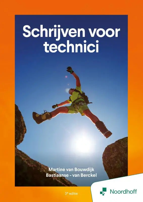 Boek schrijven voor technici met oranje rand, blauwe achtergrond, en klimmer in geelgroene uitrusting op cover