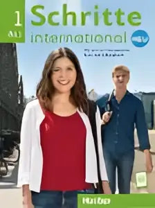 Cover van schritte international neu 1 kursbuch en arbeitsbuch toont lachende vrouw in rood naast twee mannen voor duits leren