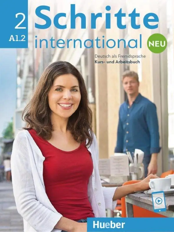 Cover van schritte international neu 2 kursboek en werkboek met audios online toont glimlachende vrouw in rood en wit