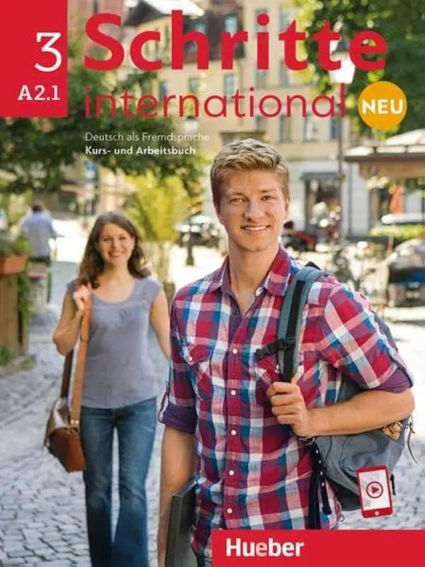 Cover van schritte international neu 3 kursbuch en arbeitsbuch met audios online met vrolijke man in geruit overhemd