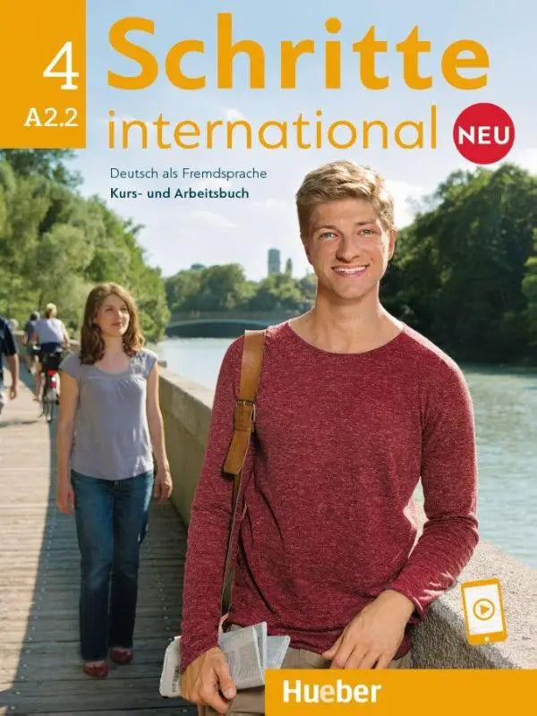 De cover van stappen international neu a2.2 duits cursusboek door hueber met lachende man in bordeaux trui en ledertas