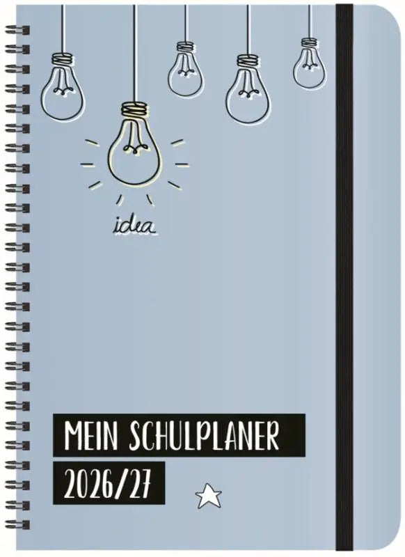 Lichtblauwe leerlingenplanner 2026 2027 met zwart schrift, design van hangende lampen en seiten mit viel platz