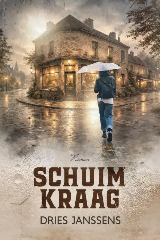 Een witte paraplu met een subtiel patroon gedragen door een persoon op een regenachtige kinderkopjesstraat voor schuimkraag