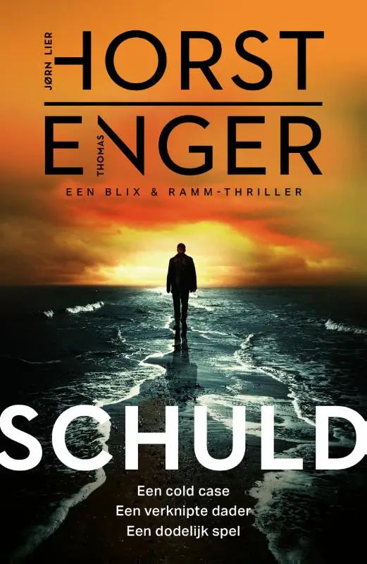 De boekcover van Schuld toont een silhouet van een man die naar de horizon loopt bij zonsondergang