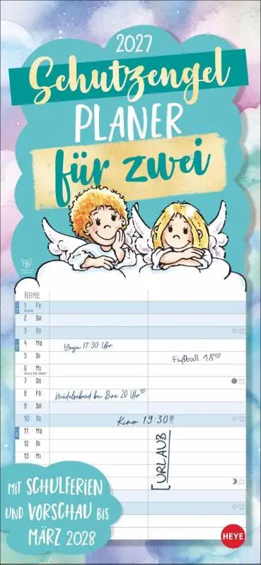 Schutzengel Planer für zwei 2027 - Wandplaner für 2. Partnerkalender mit 2 Spalten. Terminkalender mit niedlichen Cartoon-Engeln. Wandkalender für 2 Personen.