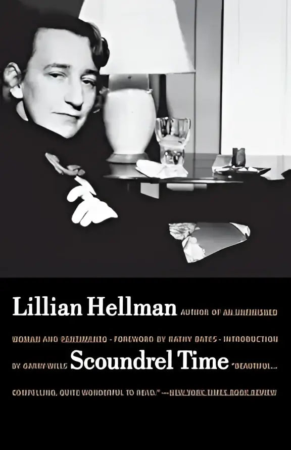 Zwart-witte boekomslag van scoundrel time door lillian hellman met duidelijke titel en auteurnaam