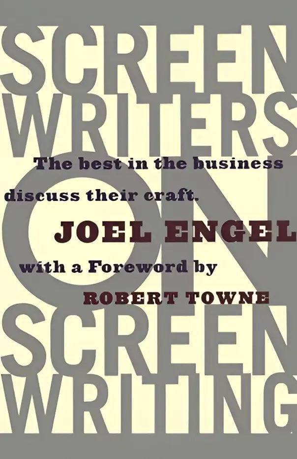 De boekcover van screenwriters toont een gedurfde zwarte typografie op een offwhite achtergrond over scenarioschrijven