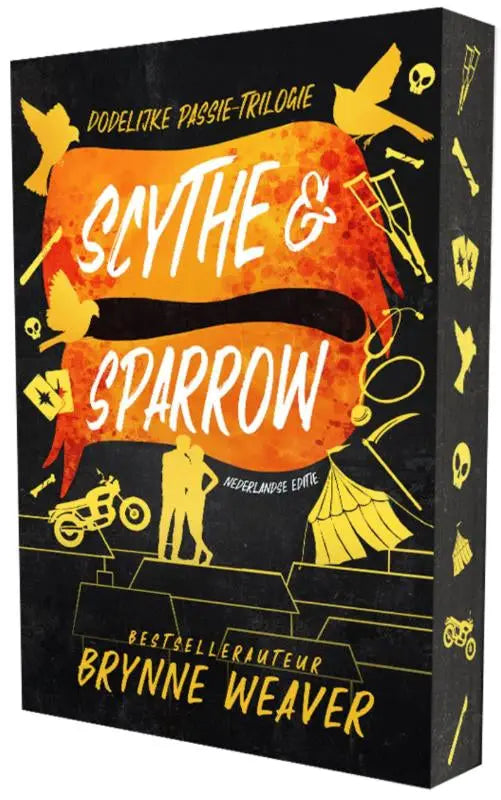 Zwarte boekdoos met levendig oranje en geel ontwerp met titel scythe & sparrow van brynne weaver nederlandstalige dark romance