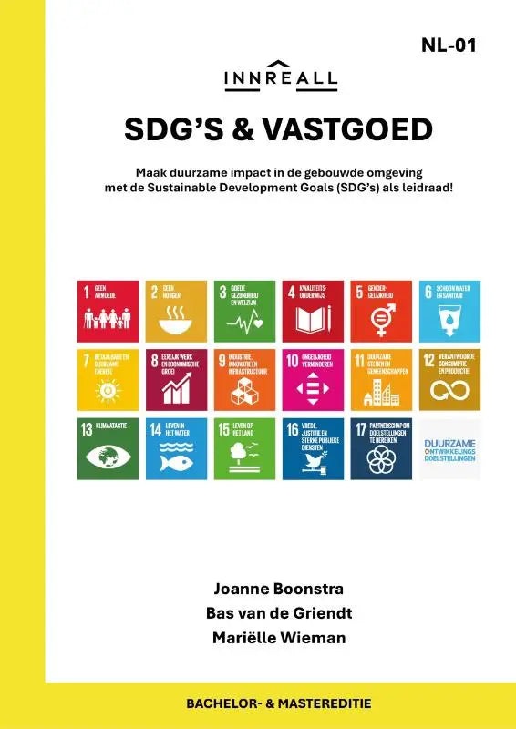 De cover van het boek sdg’s & vastgoed toont een witte achtergrond met 17 kleurrijke duurzame ontwikkelingsdoelen icoontjes