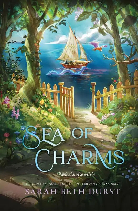 The cozy romantasy hardback sea of charms by sarah beth durst shows a whimsical sailboat scene met zachte romantiek