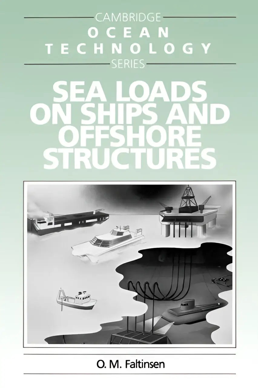 Zwarte-witte illustratie van boekomslag uit cambridge ocean technology series over sea loads on ships and offshore structures