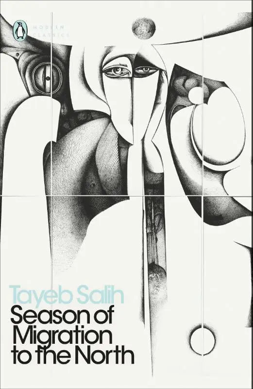 Zwart-witte abstracte boekomslag met gestileerd gezicht en geometrische vormen van tayeb salih season of migration to the north door penguin classics