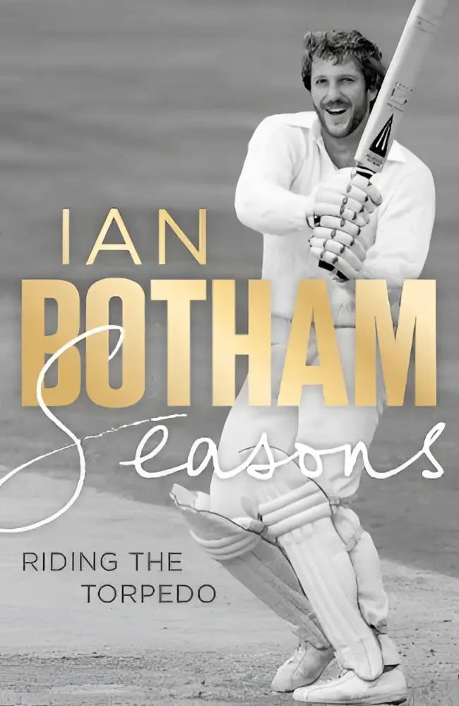 De cover van ebury spotlight seasons toont een zwart-witfoto van ian botham met een dunlop cricketbat